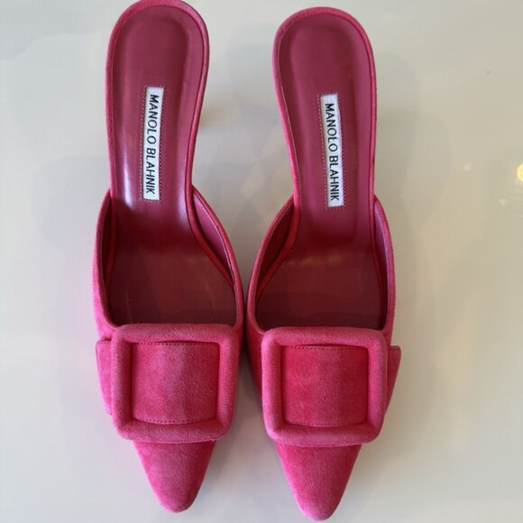 Manolo Blahnik Maysale Pink Suede Mule Kitten Heels Pumps - Picture 1 of 7